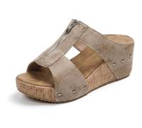 GHTRHSB Women's Leather Orthopedic Wedge Sandals Comfortable Wide Width Open Toe Cork Mules Zipper Platform Wedge Sandals Summer Casual Beach Shoes (Khaki,5)