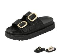 GHTRHSB Womens Sparkly Platform Double Buckle Slide Sandals | Comfortable Non Slip Flat Sandals Dressy Open Toe Slip On Footwear for Beach Vacation