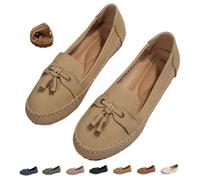 GHTRHSB Women's Vintage Comfy Suede Leather Loafers, Wide Fit Orthopedic Soft Flats with Arch Support, Breathable Slip-On Driving Moccasins (3.5,Khaki)