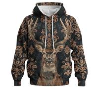 GHUALURU Casual Deer Hoodies for Men Novelty Animal Printed Sweatshirt Pullover Camouflage Long Sleeve, Black/Brown1, Large