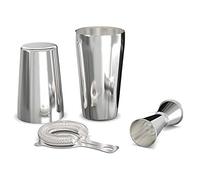 Ghulumn Shaker Set: Professional Boston Shaker, Strainer and Jigger Set. 4 Piece Premium Stainless Steel Bar Supplies for Mixing Experience