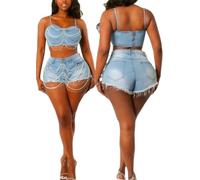 Ghvryque Women Denim Top shorts 2 Piece Sets Ripped Cutout Pearls Chain Jean Shorts Rhinestone Distressed Raw Hem Tassels-Blue||XL