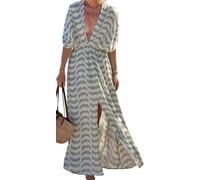 Ghvryque Women Kimono Swimsuit Coverup Open Front Striped Maxi Cardigan Beach V Neck Printing Holiday Chic Maxi Dress-Print||m