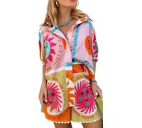 Ghvryque Women Linen Shirt Shorts Set 2 Piece Boho Print Beach Cover Up Lounge Outfit Lightweight Swimwear Matching Outfit-Sun||L
