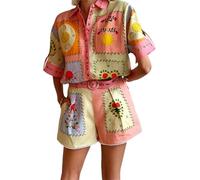 Ghvryque Women Linen Shirt Shorts Set 2 Piece Boho Print Beach Cover Up Lounge Outfit Lightweight Swimwear Matching Outfit-Print||M