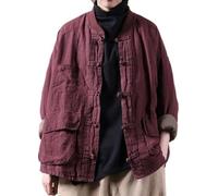 Ghvryque Women Vintage Jackets Quilted Ethnic Style Thickened Cotton Linen Coats Patchwork Pockets Autumn Loose Female Top-Red