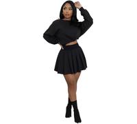 Ghvryque Women's 2 Piece Set Casual Sweatshirts Suit Long Sleeved Pullover Top and Pleated Mini Skirt-black||S