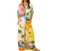 Ghvryque Women's Graffiti Print 2 Piece Pajama Set Short Sleeve Button Shirts Drawstring Wide Leg Long Pants Loungewear Sleepwear-Yellow||L