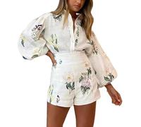 Ghvryque Women's Print 2 Piece Outfit Hawaiian Long Sleeve Button Down Shirt and High Waisted Shorts Tracksuit Lounge Set (printing,XL)