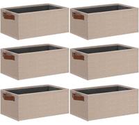 GhvyenntteS Small Fabric Storage Bins 6 Pack, 11.8" x 7.87" x 5.11" Storage Basket with Leather Handles, Closet Storage Bins for Shelves, Storage Baskets for Shelves, DVD Storage (Beige Yellow)