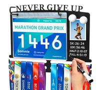GHWMYD Medal Holder with Race Bib Display & Erasable Chalkboard - Includes 2 Magnets & 10 Bib Protectors, Holds 40 Bibs & 50 Medals, Heavy Duty Metal Wall Rack for Runner Marathon Park Run Gift