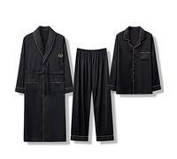 GHYUBYER 3 Piece Men Satin Pajamas Set Silk Button-Down PJs Sets Soft Lounge Sets Classic Silk Sleepwear (Color : Nero, Size : XL)