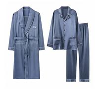 GHYUBYER 3 Piece Men Satin Pajamas Set Silk Button-Down PJs Sets Soft Lounge Sets Classic Silk Sleepwear (Color : Light Blue, Size : 2XL)
