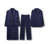 GHYUBYER 3 Piece Men Satin Pajamas Set Silk Button-Down PJs Sets Soft Lounge Sets Classic Silk Sleepwear (Color : Dark blue, Size : L)