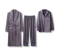 GHYUBYER 3 Piece Men Satin Pajamas Set Silk Button-Down PJs Sets Soft Lounge Sets Classic Silk Sleepwear (Color : Light brown, Size : 2XL)