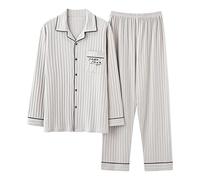 GHYUBYER Men's Classic Cotton Pajama Set Sleepwear，100% Cotton Woven Drawstring Sleepwear Set With Top And Pants/Bottoms (Color : Beige 2, Size : 3XL)