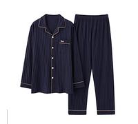 GHYUBYER Men's Classic Cotton Pajama Set Sleepwear，100% Cotton Woven Drawstring Sleepwear Set With Top And Pants/Bottoms (Color : Dark blue02, Size : 4XL)