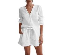 GHYUBYER Womens 2 Piece Linen Lightweight Pajamas Set Button Down Pajama Shirt Cotton Pjs Shorts Notch Collar Sleepwear (Color : White, Size : L)