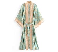 GHYUBYER Women's Kimono Robe Long Robes With Peacock And Blossoms Printed Kimono Nightgown，Summer Bath Poncho Beach (Color : Green, Size : L)