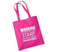 gi Graphic Impact Funny Warning May Spontaneously Start Talking About Anime Printed Natural Cotton Hand Carry Eco-Friendly Stylish Long Handled Shoulder Tote Bag (Fuchsia)