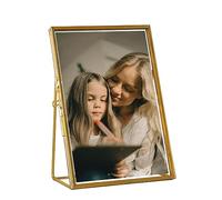 Giadun 5x7 Picture Frame, Glass Gold Floating Frame, Vintage Style Antique Brass Tabletop Standing Frames with Locket Closure and Angled Base, for Pictures, Art, Mementos, Keepsakes