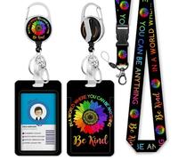 GIANCOMICS Be Kind Lanyards for Id Badges, ID Badge Holder with Retractable Reel, Flower Teacher Lanyard with ID Holder Keychain Clip Name Tag ID Card Holder for Women Work Office Gift