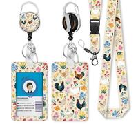 Giancomics Chicken Lanyards for Id Badges, Floral Rooster ID Badge Holder with Retractable Reel, Cute Teacher Lanyard with Keychain Key Clip Carabiner Name Tag Card Holder Protector Office Women Gift