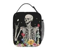 Gianlaima Skull Funny Skeleton Gothic Hippie Halloween Terror Rock Roll Flower Insulated Lunch Box For Women Man, Portable Lunch Bag Reusable Cooler Tote For Office Work Travel Picnic Camping Beach