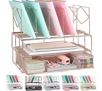 gianotter Desk Organizers and Accessories, Office Supplies Desk Organizer with Sliding Drawer, Double Tray and 5 Upright Section File Sorter Organizer (Rose Gold)