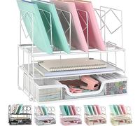 gianotter Desk Organizers and Accessories, Office Supplies Desk Organizer with Sliding Drawer, Double Tray and 5 Upright Section File Sorter Organizer (White)