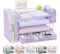 gianotter Desk Organizers and Accessories with File Holder, 4-Tier Desk Accessories & Workspace Organizers with Drawer and 2 Pen Holder, Paper Organizer for Office Supplies (Purple)