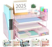 Gianotter Modern Pink 4-Tier Letter Tray Office Desk Organizer with Drawer and 2 Pen Holders