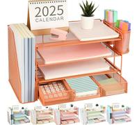 gianotter Paper Letter Tray Organizer with File Holder, 4-Tier Desk Accessories & Workspace Desk Organizers with Drawer and 2 Pen Holder for Office Supplies (Orange)