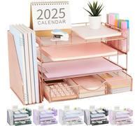 gianotter Paper Letter Tray Organizer with File Holder, 4-Tier Desk Accessories & Workspace Desk Organizers with Drawer and 2 Pen Holder for Office Supplies (Rose Gold)