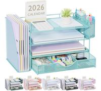 gianotter Paper Letter Tray Organizer with File Holder, 4-Tier Desk Accessories & Workspace Organizers with Drawer and 2 Pen Holder, Desk Organizers and Accessories for Office Supplies (Blue)