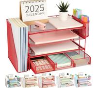 gianotter Paper Letter Tray Organizer with File Holder, 4-Tier Desk Accessories & Workspace Organizers with Drawer and 2 Pen Holder, Desk Organizers and Accessories for Office Supplies (Red)