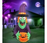 Giant 12FT Halloween Inflatable Witch - Outdoor LED Lighted Flying Sorceress Hold Pumpkin Decor with I Smell Children Banner, Build-in LED Halloween Decorations Party Indoor Outside Yard Garden Lawn