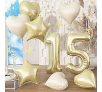 Giant 15th Birthday Champagne Gold Number 15 Foil Balloon, 40'' Mylar with Light Gold Cream Heart Star Balloons for Men Anniversary Decorations