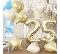 Giant 25th Birthday Balloon - Gold Number 25, Foil Mylar 40'' with Champagne Gold Cream Beige Heart Star Balloons for Men & Women, Anniversary Decorations
