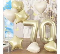 Giant 70th Birthday Balloon for Men, Light Gold Number 70 Foil Balloon Birthday Party Decor, 40'' Mylar 70 Balloon with Champagne Gold Cream Beige Heart Star Balloons for Women Anniversary Decorations