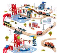 Giant bean 117 Pcs Busy Port City Train Set for Kids- Expandable & Changeable Wooden Train Tracks Set Toddler Toy, Gift for Boys and Girls Ages 3+