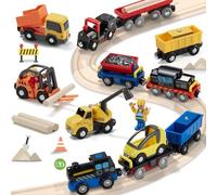 Giant bean 12 Vehicles Train Car Set Accessories Age 10+, Battery Operated Magnetic Mini Construction Set for Wooden Train Tracks, Bulk Car Toys for Toddlers 3 4 5 Year Boys Girls Kids