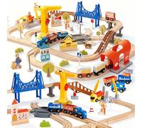 Giant bean 94 Pcs Wooden Train Set, Modern City Railway Track for Kids | with Bridge, Tunnel, Crane, Town Buildings, Compatible with Most Brand, Christmas Toy Gift for Boys Girls Age 3-8
