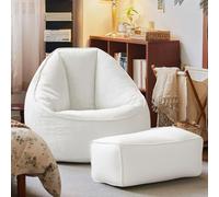 Giant Bean Bag Cover (No Filling) - Corduroy Sofa Cover with Ottoman Perfect for Adults & Kids Living Room Gaming Reading Relaxation (White One Set)