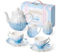Giant bean Girls Pearl Gradient Blue Porcelain Tea Party Set , 10PCS Ceramic Childs Tea Party Set, British Royal Princess Series Teapot & Cup & Saucer & Sugar Bowl & Suitcase