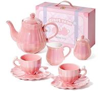 Giant bean Girls Pearl Pink Porcelain Tea Party Set Age 6+, 10PCS Ceramic Childs Tea Party Set, British Royal Princess Series Teapot & Cup & Saucer & Sugar Bowl & Suitcase, for Little Kids Toddlers