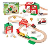 Giant bean Wooden Train Set, 42 PCS Wooden Farm Train Track for Toddlers, Battery Operated Train Railway Track Set with Bridge, Barn, Animals, Tractor Cargo Trains, Toy Gift for Boys Girls Age 3-8