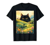 Giant Black Cat Cottagecore Floral Landscape Aesthetic T-Shirt