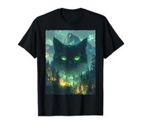 Giant Black Cat Green Eyes Magical Forest Mountains T-Shirt