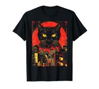 Giant Black Cat Kaiju Retro Synthwave Neon City Art T-Shirt